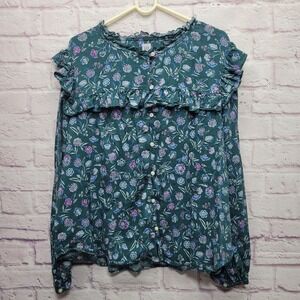 GAP Floral Ruffle Peasant Blouse Size XXL Long Sleeve Button Up Teal Cottage